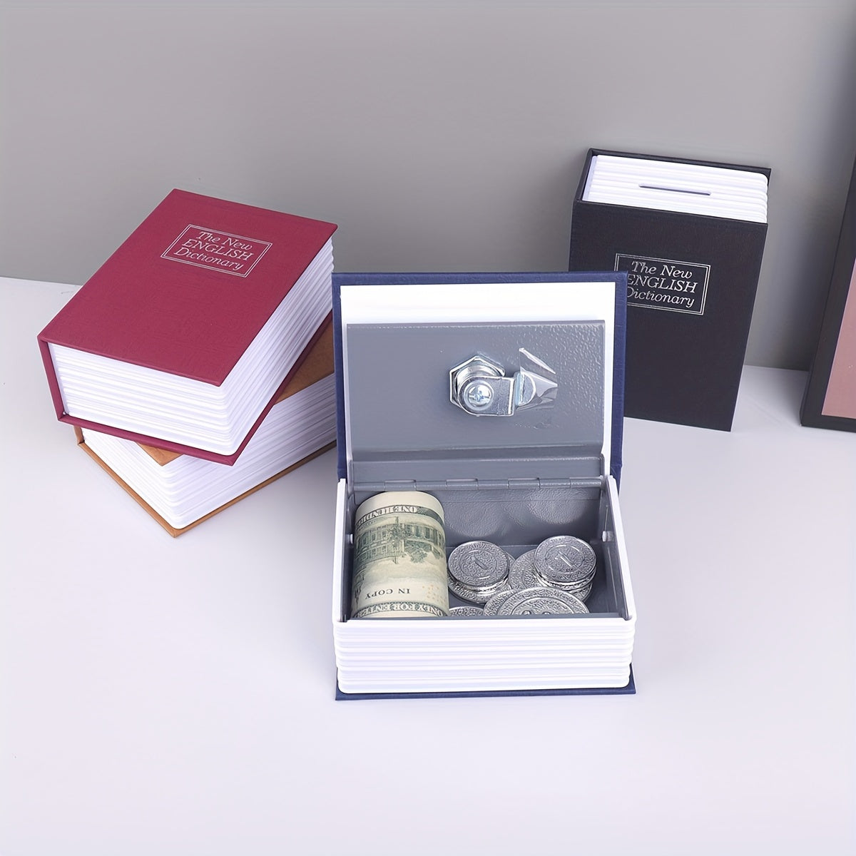 Beautiful dictionary-shaped cash box with lock for creative money storage and home decoration