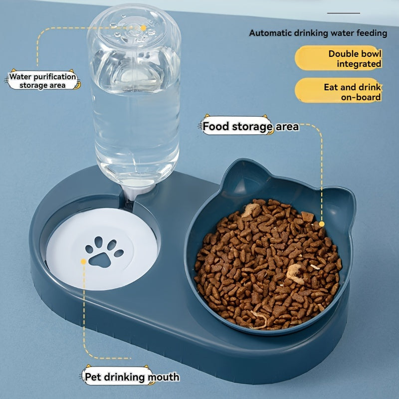 Automatic water dispenser with non-tip design for cats and small dogs, includes gravity-fed water bottle. Compact and sturdy blue plastic feeding station for pets.