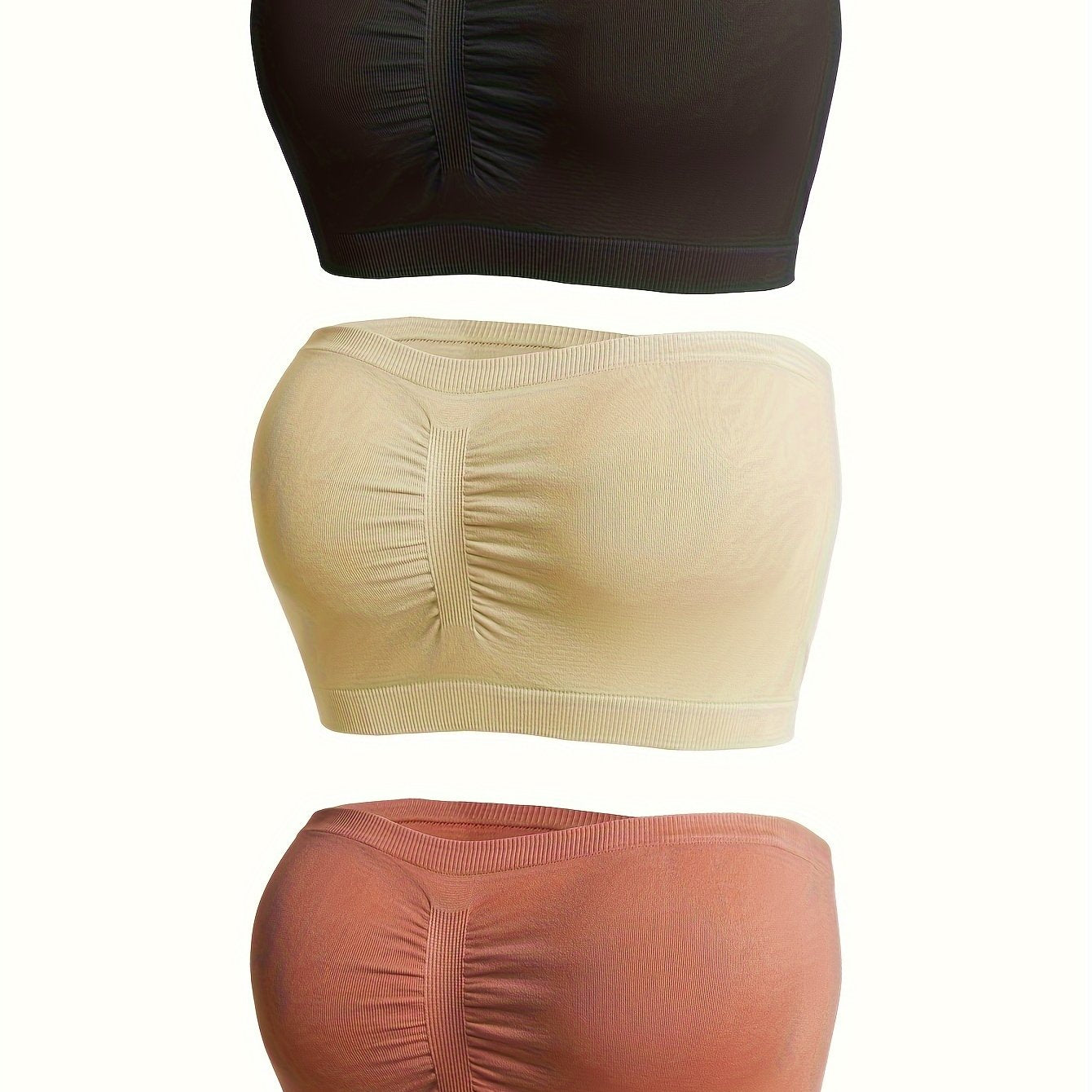 Set of 3 elegant black bandeau bra tops with anti-slip chest wrap, seamless strapless design.