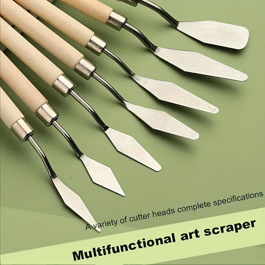 Set of stainless steel palette knives for oil painting, available in various sizes and shapes.