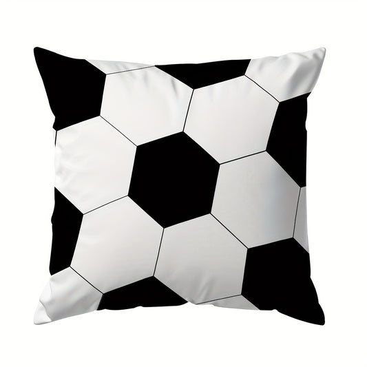 Soccer ball print pillow cover, soft polyester, 45x45cm, black & white hexagonal design, zipper closure, machine washable. Perfect for sofa, bedroom, and living room décor. Ideal for couch pillows.