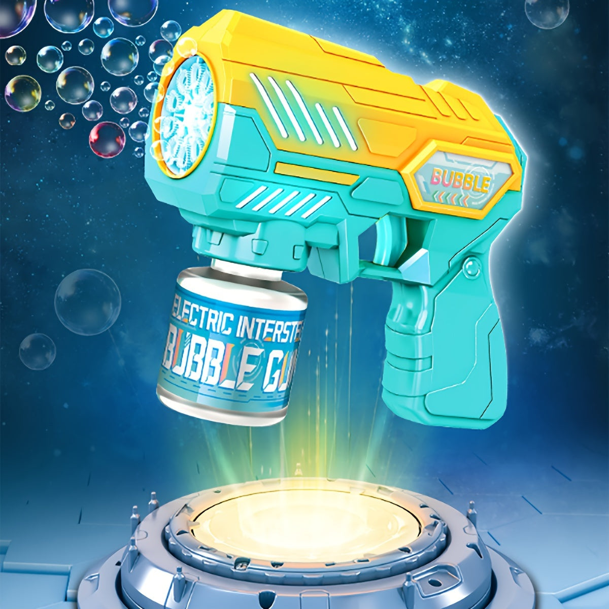 Interstellar Bubble Gun: Easy one-button operation, rapid bubble production, automatic blowing, ages 3-12, portable for outdoor play, no bubble water included.