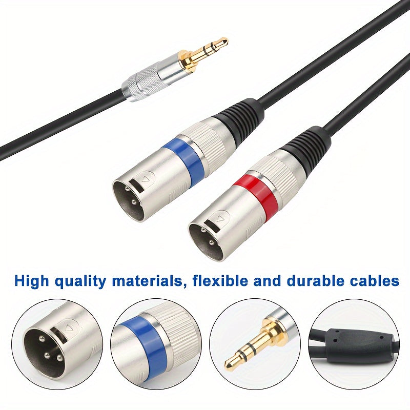 Gold-plated 3.5mm to XLR male audio cable with pure copper and dual XLR connectors for connecting mobile phones and computers to mixing consoles.