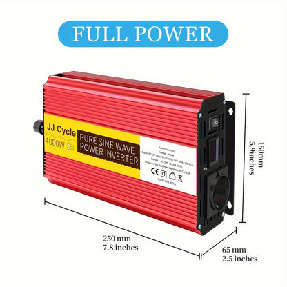 5000W/4000W Pure Sine Wave Inverter converts DC 12V/24V to AC 220V, 50Hz for car electronics with EU plug.