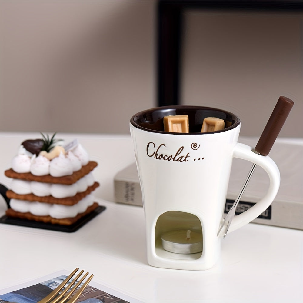 White ceramic cup for melting ice cream, cheese, or chocolate with a fork for holding candles and heating coffee; 150ml/5oz novelty mug.