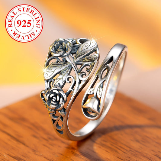 925 Sterling Silver Vintage Rose and Dragonfly Spoon Ring, Adjustable for a perfect fit. This versatile piece can be worn as a family ring and makes a great unisex jewelry gift for friends and lovers. Weighs 2.8g.