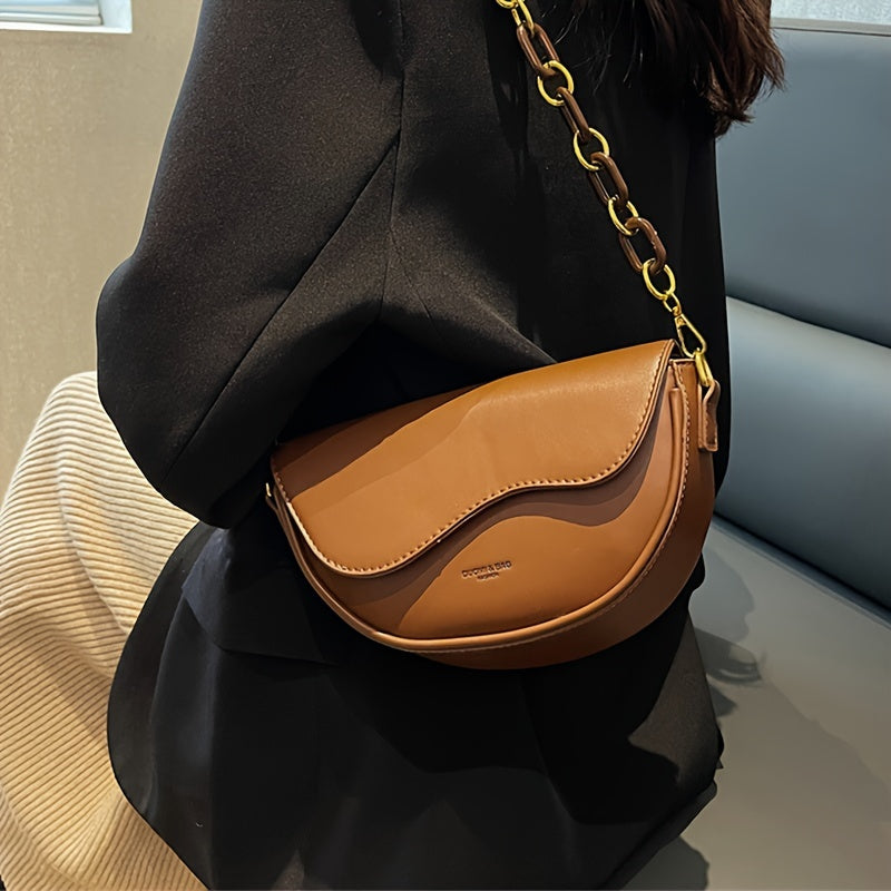 2024 Trendy Vintage Saddle Bag for Women, Crossbody Shoulder Underarm Bag with Polyester Lining, Buckle Closure, Edge Paint Detail; Versatile for Various Occasions - Black/Khaki/Light Brown.