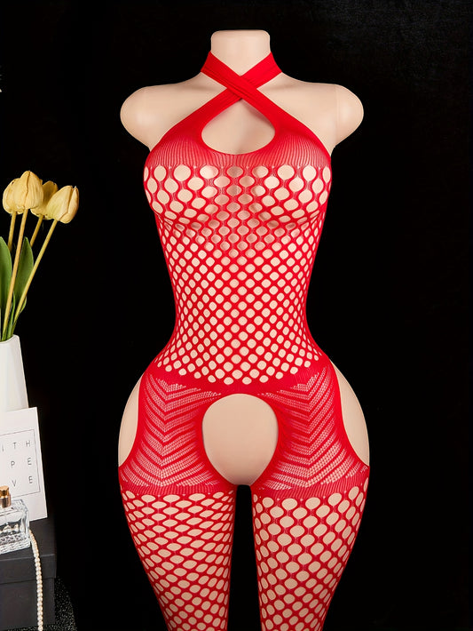 Valentine's Day Red Halter Fishnet Bodysuit with Open Crotch - Sexy Backless Lingerie for Women, Nylon & Elastane Blend, See-through Hollow-Out Design, Neck Strap