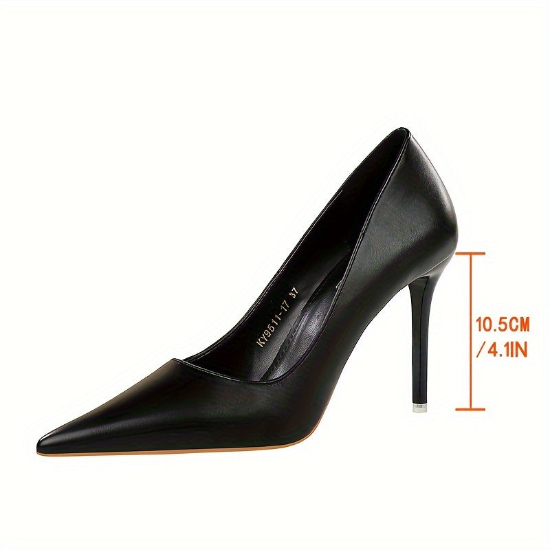 Women's elegant stiletto heels in solid color with point toe, slip-on design for parties.