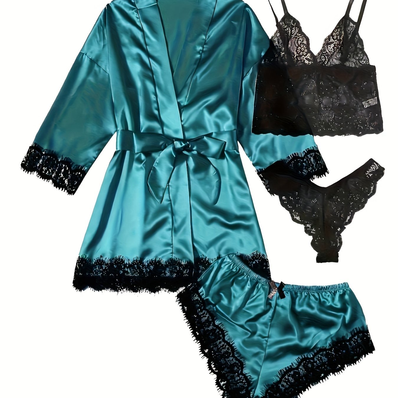 Lace-trimmed Sleepwear Set with Glossy Pajamas in 4 pieces