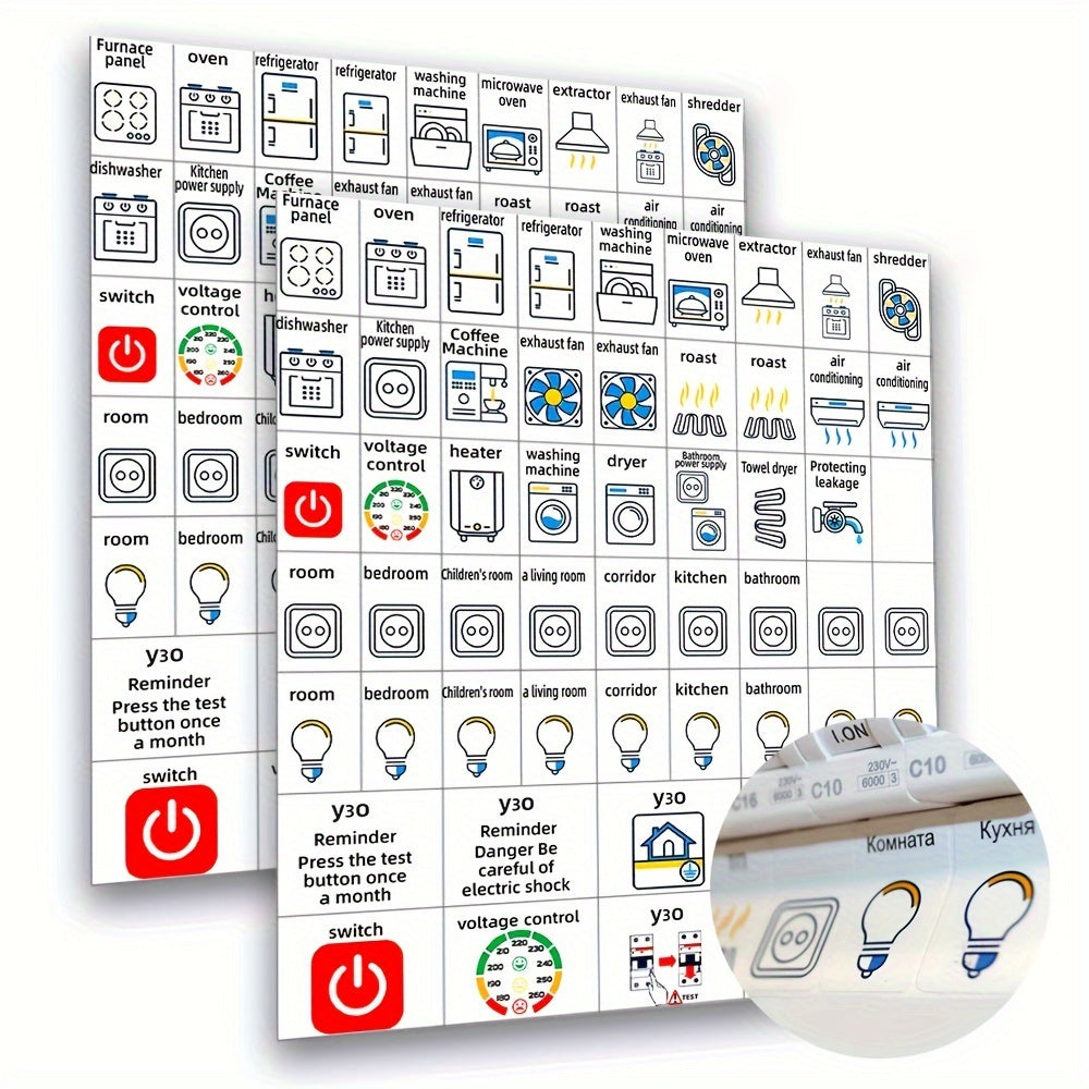 57-piece set of electrical panel label stickers for easy identification of circuit breakers and reminders.