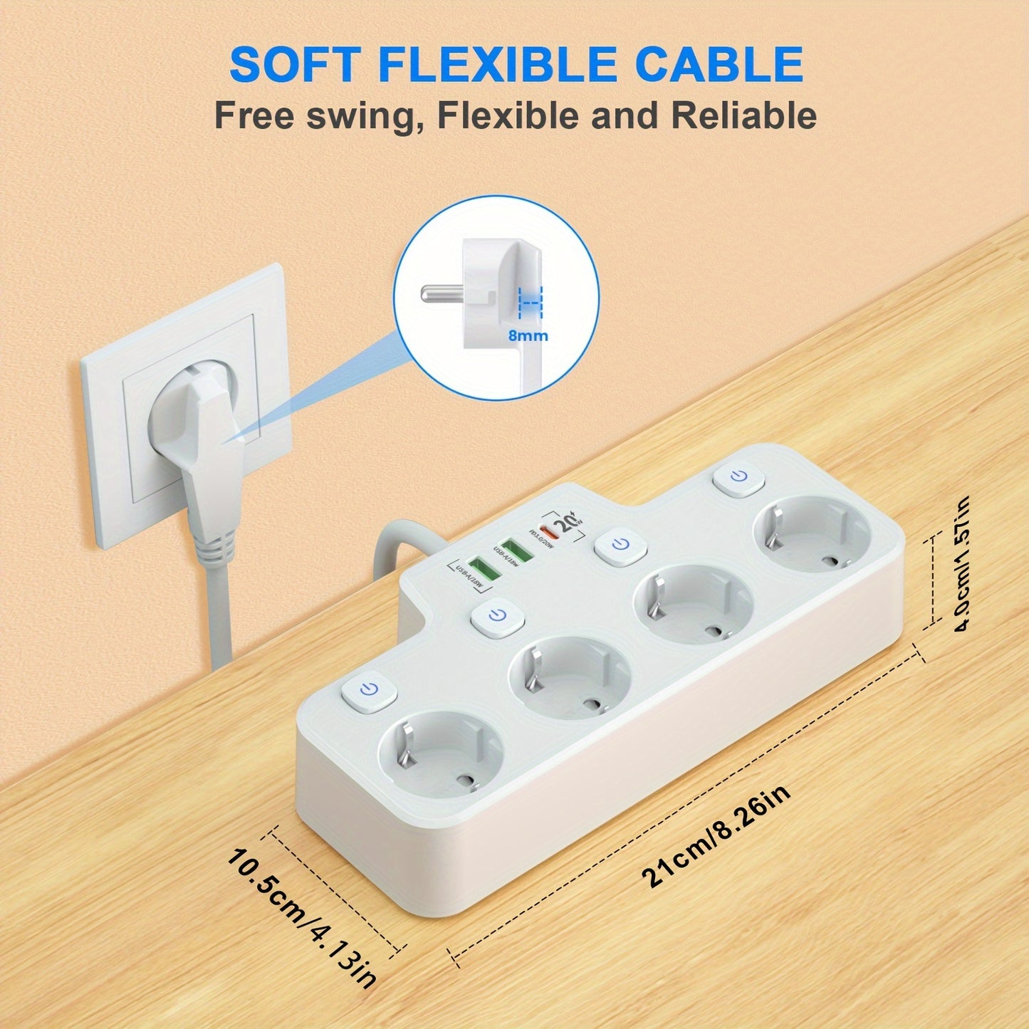 1 Kinglink power strip with 4 outlets, USB ports, switches, surge protector, 2m extension cord, European plug, anti-overcurrent, safety lock, flame retardant - White.