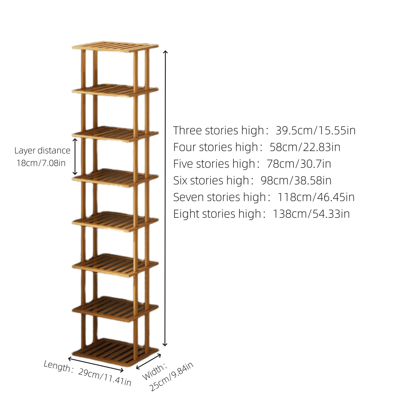 The bamboo shoe rack is crafted from high-quality moso bamboo sourced from high-mountain regions. With 3 to 8 customizable layers, this rack is easy to install, disassemble, and reassemble whenever needed. Perfect for small entryways, it provides a