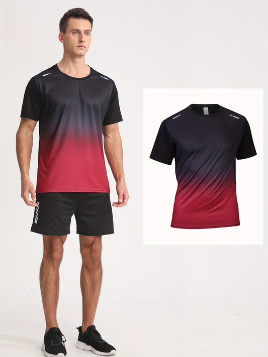 Men's Gradient Color Short Sleeve T-Shirt in Black to Blue Gradient, made of lightweight polyester material. Features a round neck, machine washable, and a loose fit for casual attire.