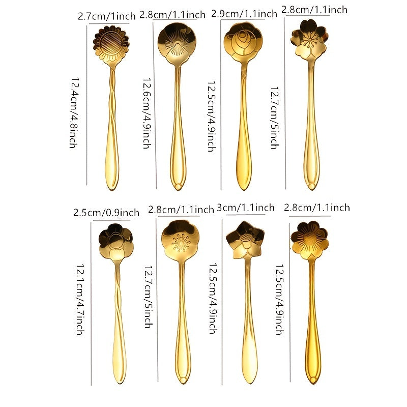 Golden stainless steel coffee and dessert spoons set with floral and geometric designs, ideal for tea, cake, and ice cream; great for weddings and coffee bars.