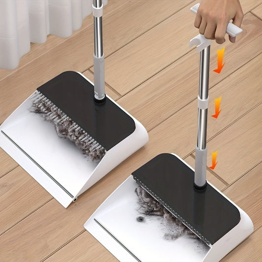 Get your hands on the Multi-Surface Push Broom and Dustpan Set, featuring self-cleaning teeth, a plastic handle, and efficient sweeping for various areas such as the living room, bedroom, outdoor spaces, bathroom, and toilet. Say goodbye to tangled hair