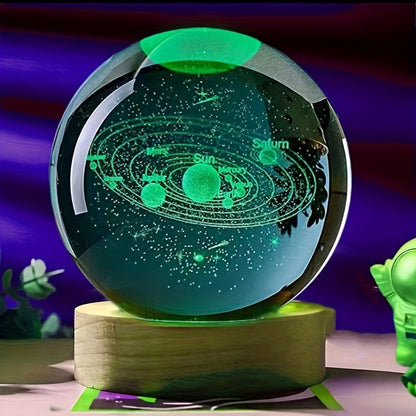 3D Solar System Crystal Ball with LED Base - USB Powered Night Light, Great Gift for Loved Ones - Ideal for Parties & Home Decor