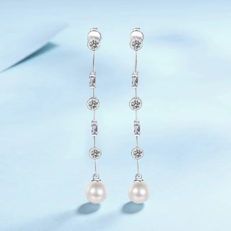 New Silvery 1Pair of Glamorous Accessory Long Earrings made from 4.9g of S925 Sterling Silver, featuring Elegant Freshwater Pearl Drops for Women, perfect for Parties and Banquets.