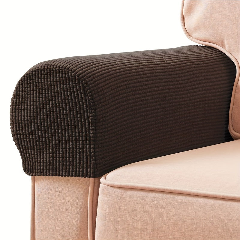 2 Stretch Armrest Covers made of durable spandex blend with plush texture. Scratch & dust resistant, and machine washable. Fits single to four-seater sofas & recliners in various colors.