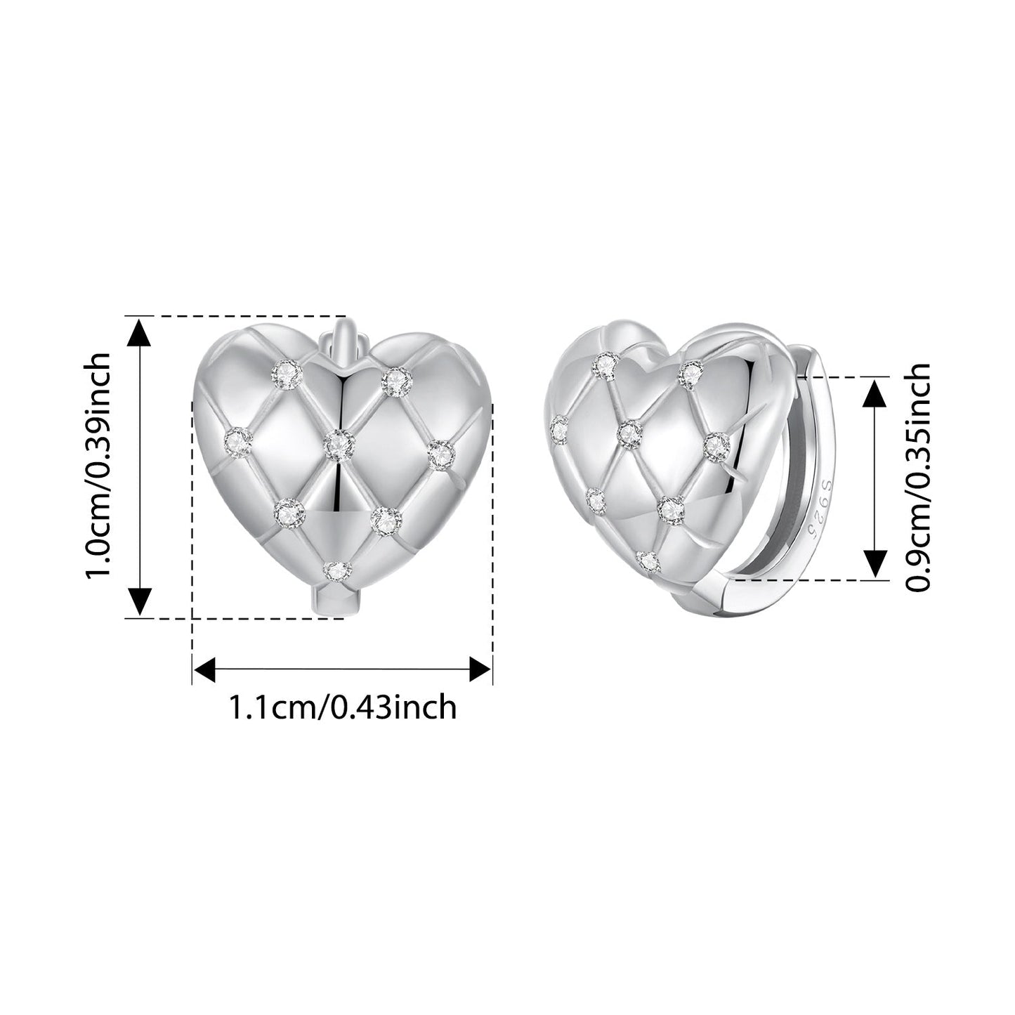 Adorable Pair of Japanese & Korean Inspired Heart & Checkered Pattern Sterling Silver Earrings with Synthetic Zirconia, Ideal for Hypoallergenic Women's Fashion Jewelry, Great for Everyday Wear or as a Valentine's Day Gift