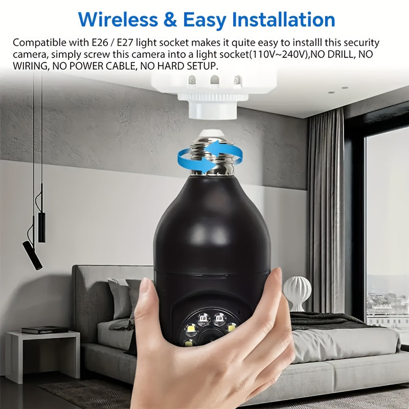 The E27 Bulb Camera features 2.4GHz WiFi connectivity, high definition video quality, automatic tracking, black and white night vision, and bidirectional audio capabilities.