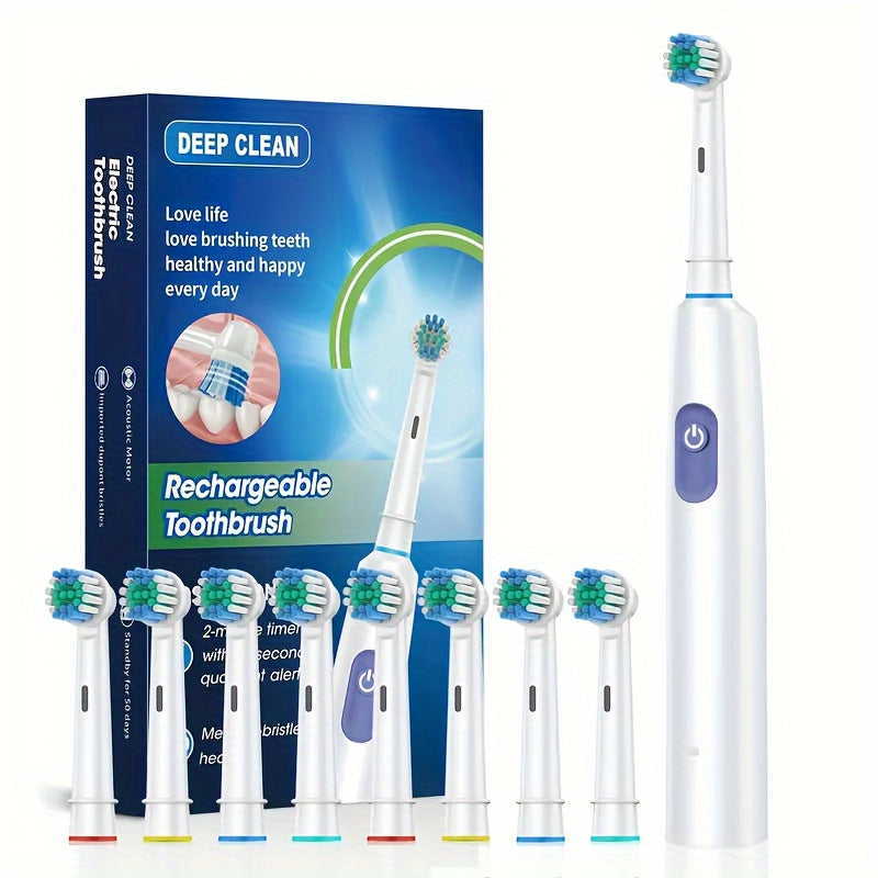 Upgrade your oral care with this adult electric toothbrush set. It includes 8 replacement heads, ultra-soft nylon bristles, and a 600mAh lithium battery with USB charging. It features a