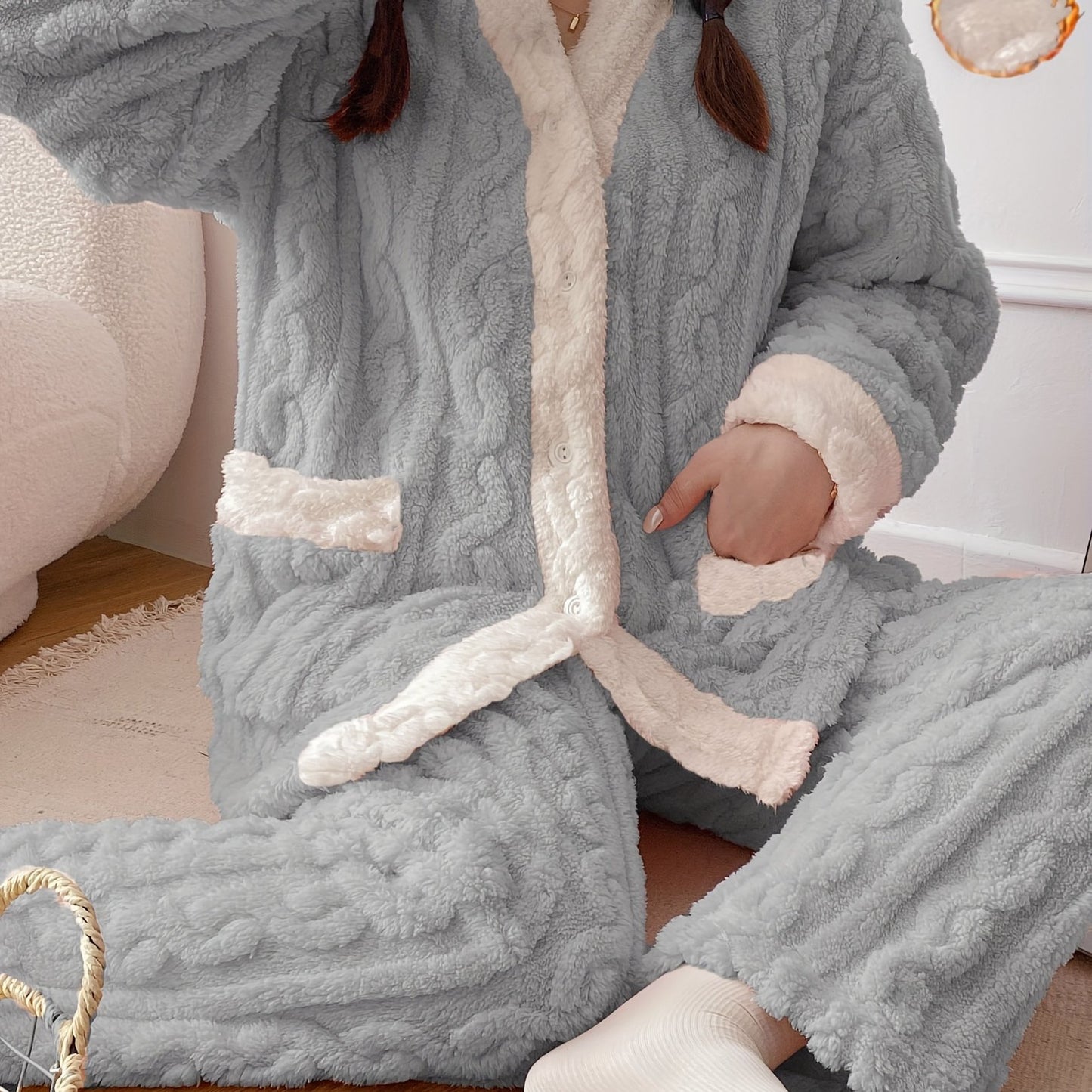 Women's Cozy Fleece V-Neck Pajama Set with Pockets, Long Sleeves, and Non-Stretch Polyester fabric.