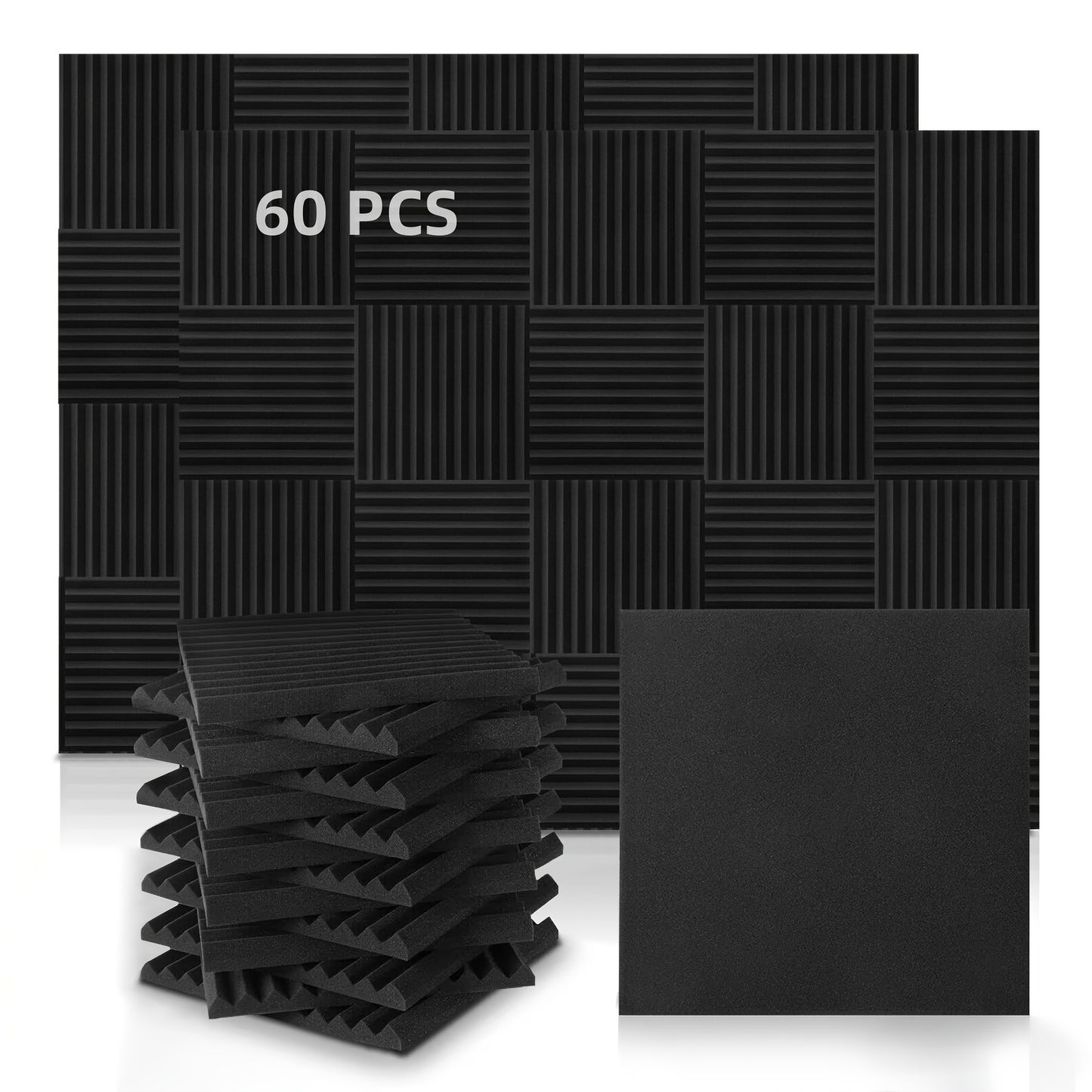 A pack of 60 black soundproof foam boards sized 30*30*2.5cm, flame retardant, high density, quick recovery, easy to install, wedge-shaped, suitable for various spaces such as recording