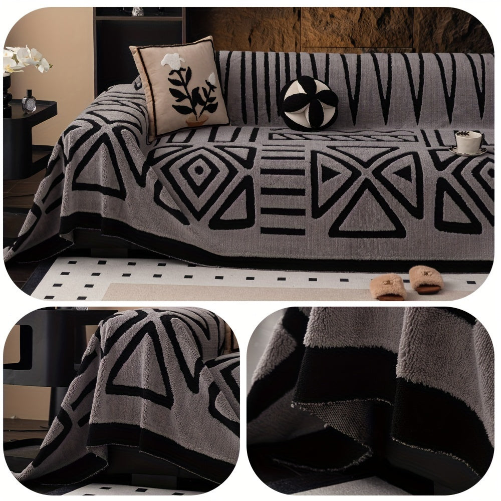 Boho style geometric sofa throw with velveteen fabric. Machine washable cover is anti-dirt, anti-slip, and pet-friendly. Made of 100% polyester for various sofa sizes.