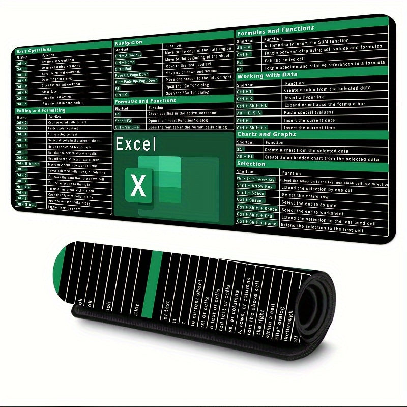 Excel Keyboard Shortcuts Mouse Pad with Large Rubber Base, Water-Resistant Fabric Surface for Gaming and Office Precision Control.