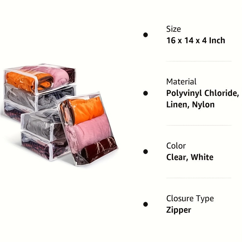 Transparent zippered storage bags with a 6-pack set. These foldable plastic bags are great for organizing sweaters, blankets, towels, and other household items. Perfect for storing beddings, pillows, quilts, and clothes.