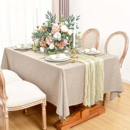 Beige waterproof polyester tablecloth for various occasions, including picnics, holidays, camping, weddings, birthdays, parties, and restaurant buffets, as well as for home kitchen and dining table decor.