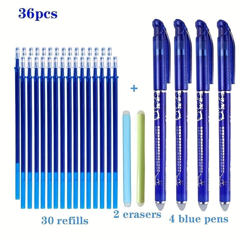 Set of 36 erasable gel pens (0.5mm, blue) with replaceable cores and needle tube tips for the office or students.