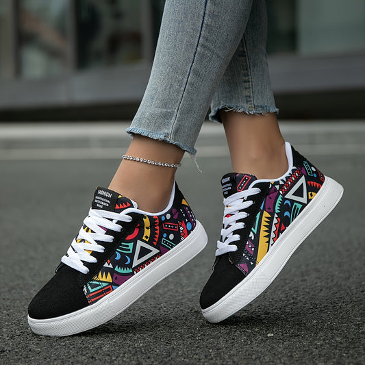 Geometric pattern casual skate shoes for women, versatile, lightweight, anti-slip, for outdoor sports and daily wear.