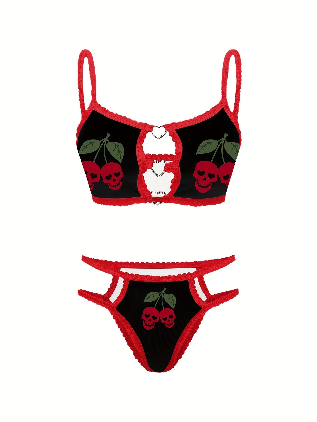 Skull and cherry print lingerie set for women with bra and thong, made of breathable polyester blend, machine washable.