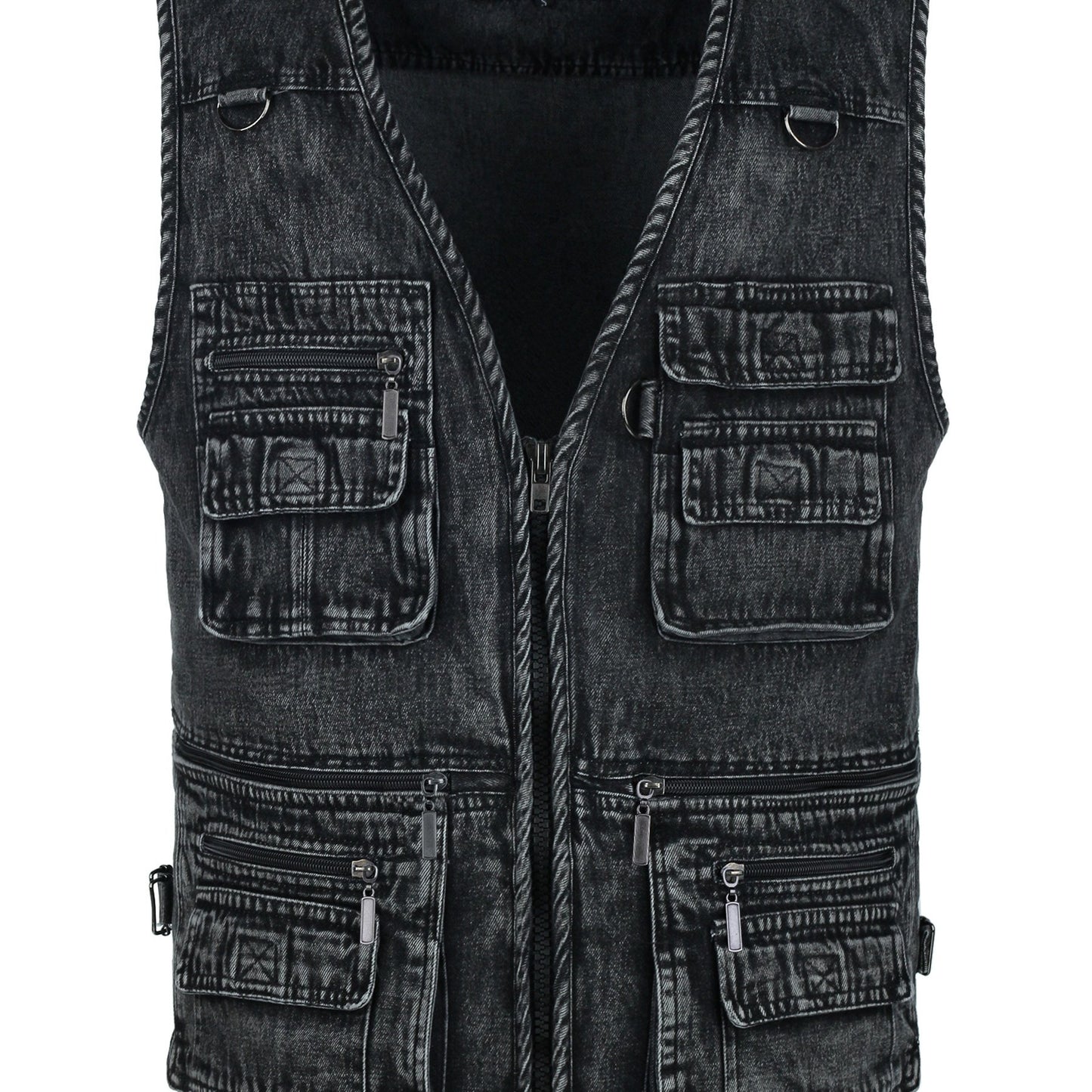 LUSI MADAM Men's Denim Black Zip-Up Vest - V-Neck with Multi Pockets, 100% Cotton, Perfect for Spring/Summer Outdoor Activities.