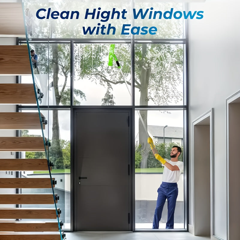 Window cleaner kit with washer, squeegee, microfiber cloth, stainless steel handle, resin head, and 59.74-meter reach, available in 5 colors. No electricity needed.