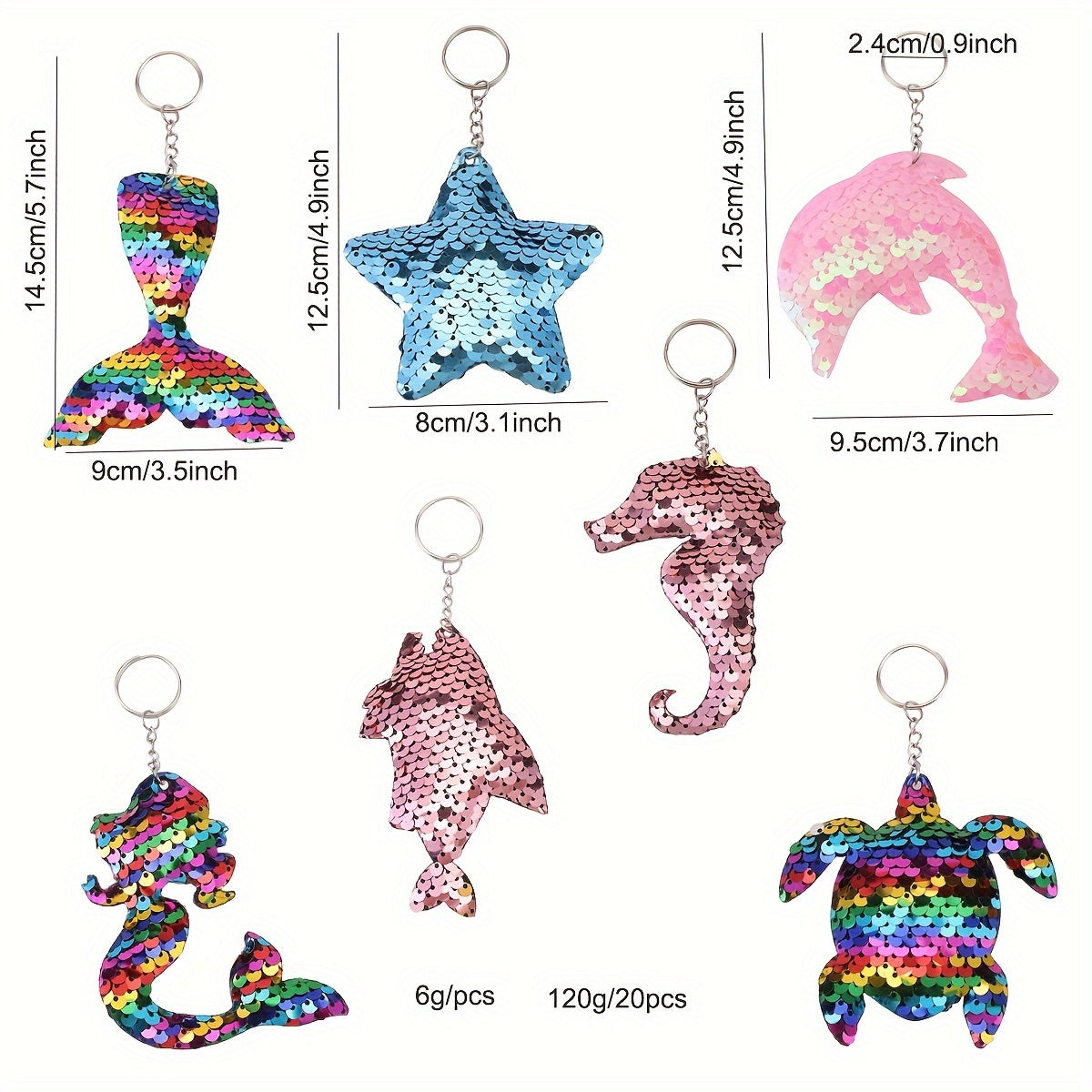 Cartoon Double-sided Mermaid Sequin Keychains - Set of 20, featuring Ocean Theme, Animal Shapes, Flip Sequin Design, Perfect for Party Gifts, Birthday Presents, and Christmas Decorations.