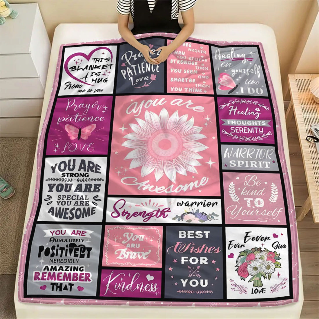 Soft and cozy flannel fleece throw blanket designed specially for women, perfect for post-surgery cancer care. Features an inspirational positive message and a soft comfortable digital print. Made of all-season knitted polyester in a contemporary style