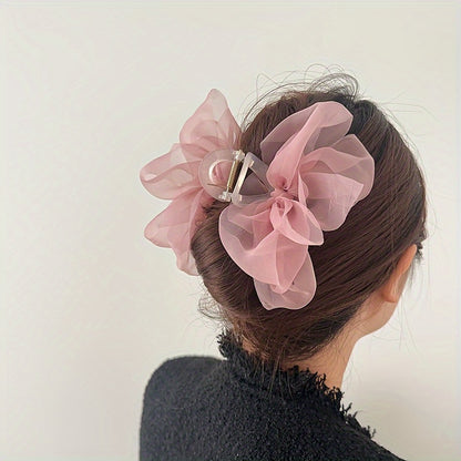 Chic large beige tulle bow hair claw clip with sweet milk coffee fairy design, perfect for Valentine's Day.