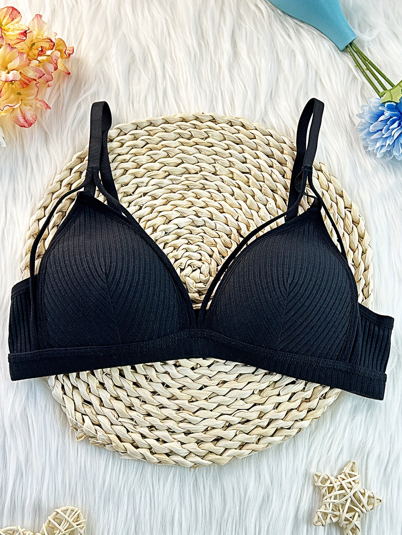 Women's bralettes: 3 elegant solid color pieces with adjustable straps and ribbed texture. Comfortable wireless design, machine washable. Perfect for casual wear.