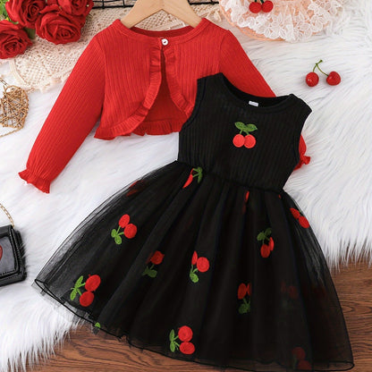 Girls' Set includes a long sleeve ruffle top with cherry embroidered mesh dress. Made of polyester knit fabric with a regular fit hooded placket. Cute fruit & vegetable pattern. Short