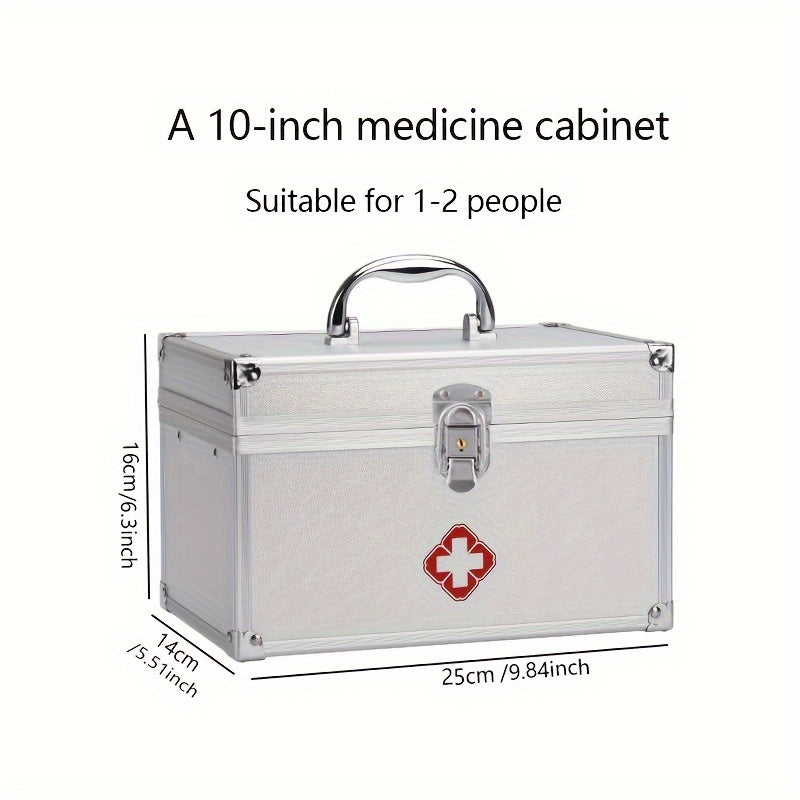 Portable aluminum first aid kit with multiple storage layers for indoor and outdoor use.