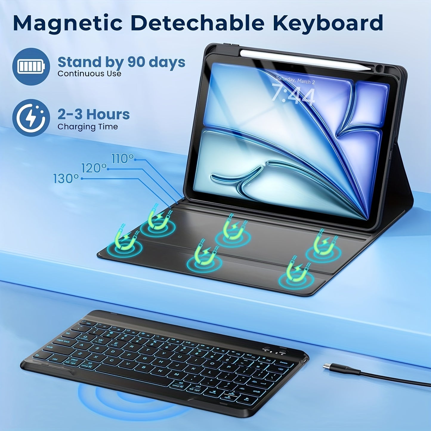 Keyboard case with pencil holder, detachable wireless keyboard, and 7 color backlighting, compatible with iPad 11, 10.9, 10.5, 25.91 cm, iPad 9th/8th/7th gen, iPad 10th gen 27.69 cm, iPad