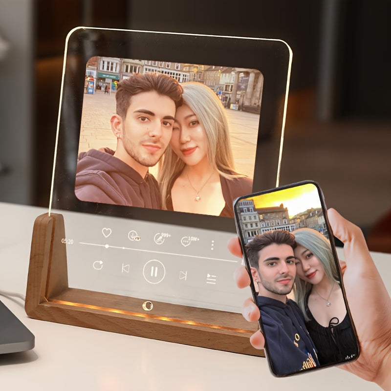 This personalized photo frame features a modern acrylic design with an LED love heart, creating a romantic atmosphere. It is USB powered and suitable for displaying a single picture on your desktop. This frame makes a creative and thoughtful birthday