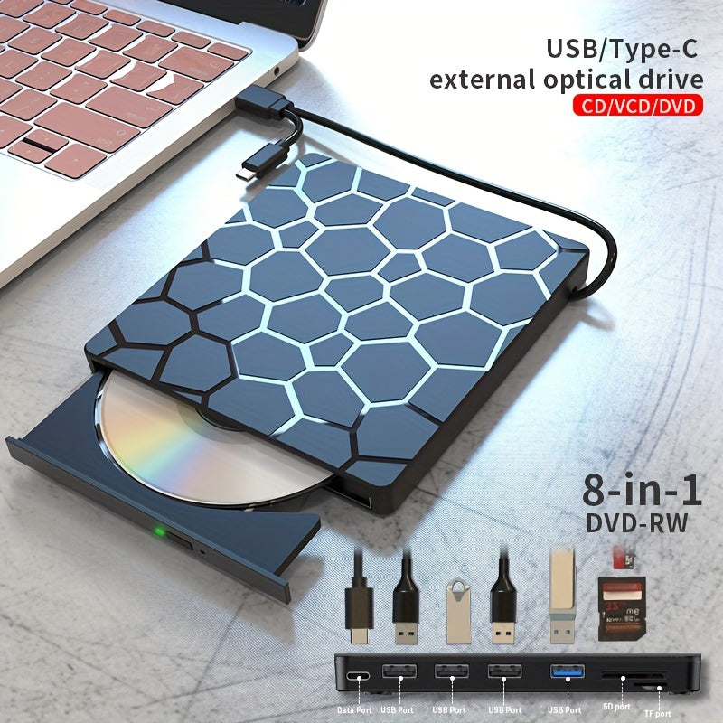 8-in-1 USB 3.0 External CD/DVD Drive: Compatible with Mac, Windows, and Linux for reading, burning, ripping, software installation, data backup, USB extension, and SD card reading.