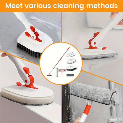 The Ultimate Cleaning Essentials Kit includes 10 pieces: 5 Extendable Rods, a Sturdy Hard Bristle Brush, a Microfiber Cloth, a Base Plate, 2 Scouring Pads, and a Water Squeegee. Perfect for efficient cleaning in the bathroom, kitchen, and on floors.