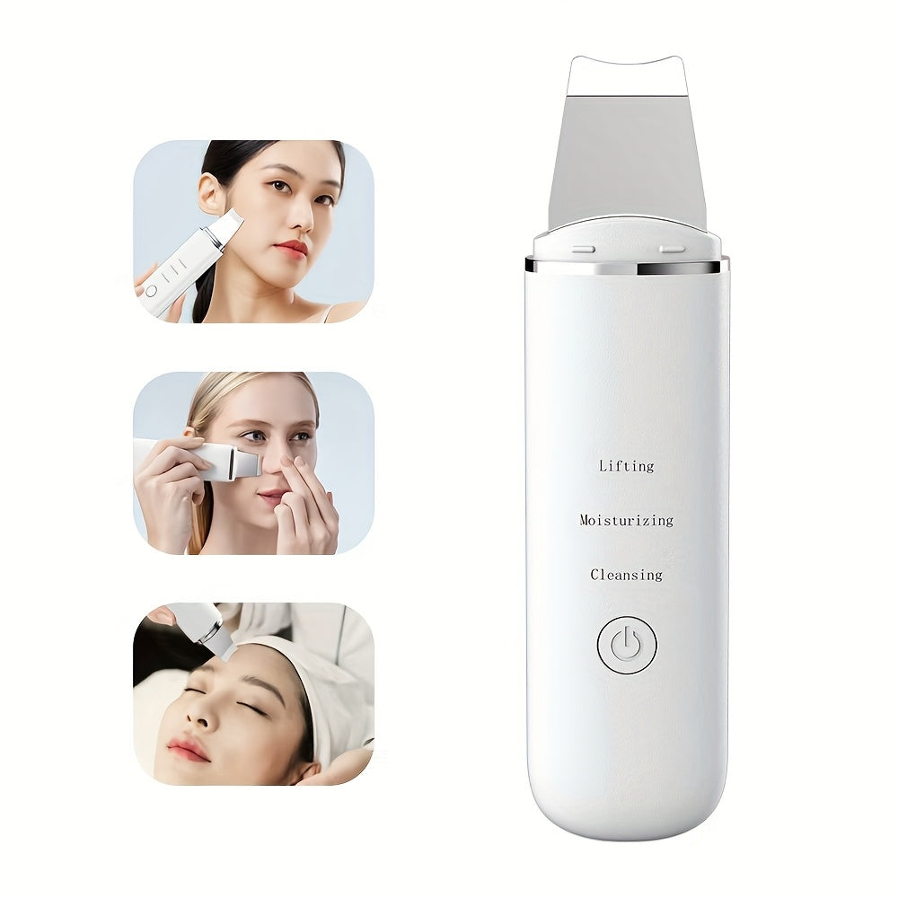 Facial pore cleaner for home use with skin scrubber and electric cleansing device.