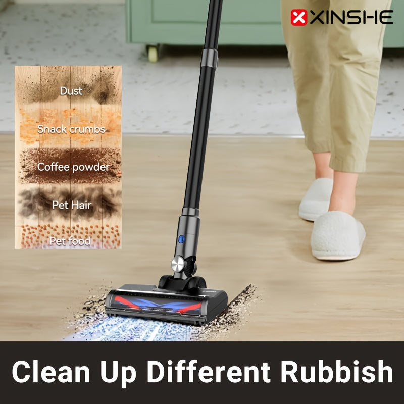 The XINSHE Handheld Vacuum Cleaner offers powerful 40,000Pa suction, with an LED display and long-lasting 40-minute battery. Perfect for tile, blanket, and hardwood floors, it is cordless with a rechargeable lithium battery and meets European standards.