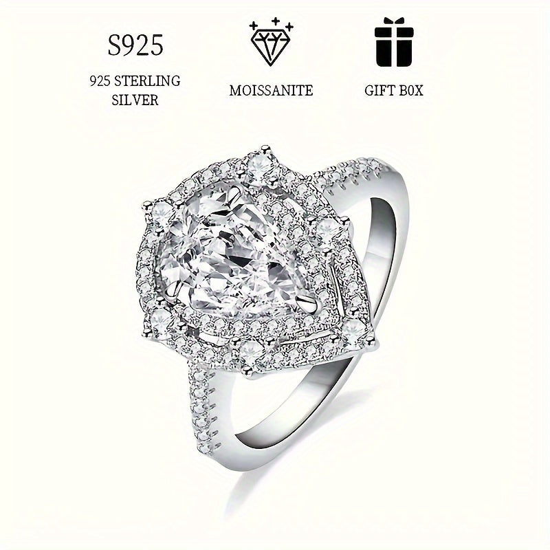 Elegant Valentine's Day and Mother's Day Gift: Double Layer Love Ring for Women made of Hypoallergenic 925 Sterling Silver with a 2ct Pear Shaped Moissanite. Perfect for Engagement or Wedding, comes with Moissanite Certificate and Exquisite Gift Box.